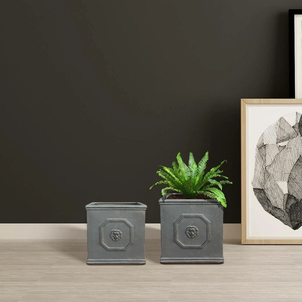 KANTE 12.5" and 10.2"H Square Antique Gray Lightweight Classic English Style Lion Head Planter (Set of 2) Outdoor/Indoor - Image 4