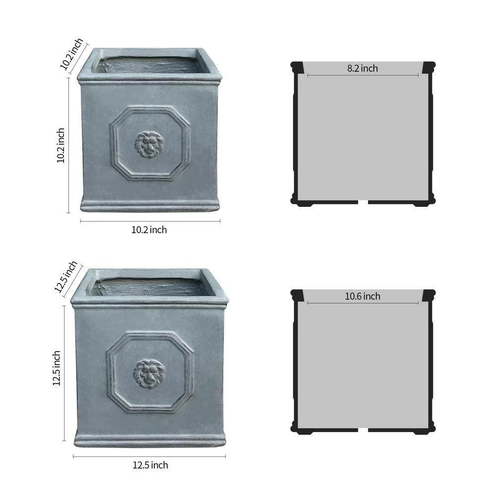 KANTE 12.5" and 10.2"H Square Antique Gray Lightweight Classic English Style Lion Head Planter (Set of 2) Outdoor/Indoor - Image 2
