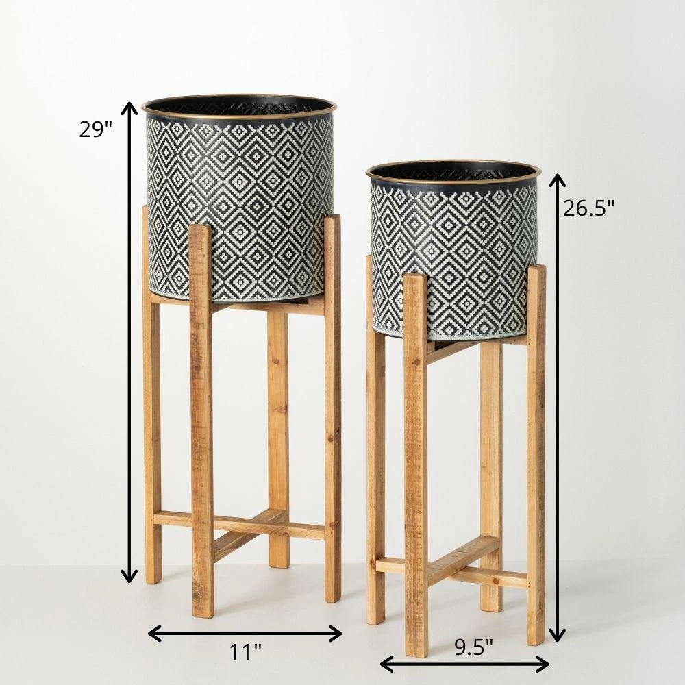 SULLIVANS Black and White Gemoetric Pattern Metal Planter on Stand (Set of 2) - Image 5