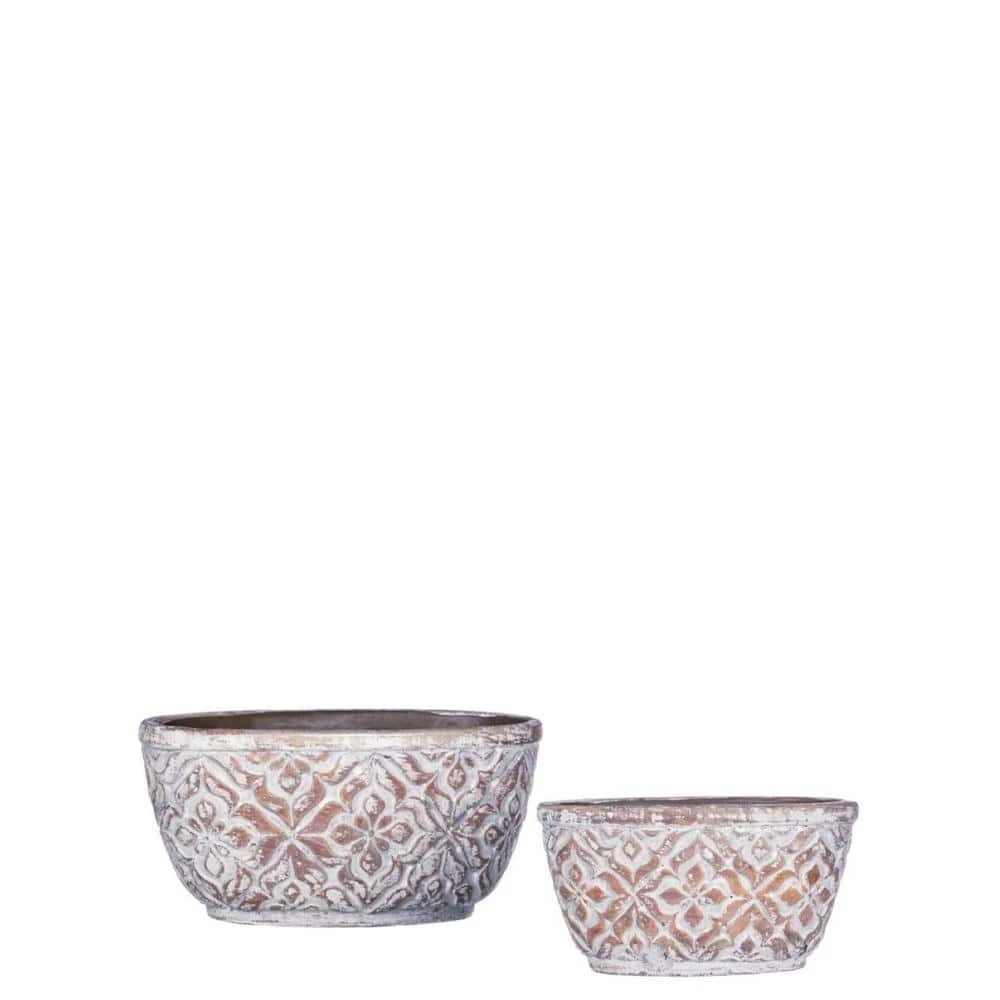 SULLIVANS Brown Cement Patterned Round Pot - Set of 2