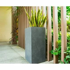 KANTE 28 in. H Square Charcoal Concrete/Fiberglass Indoor Outdoor Modern Tall Planter