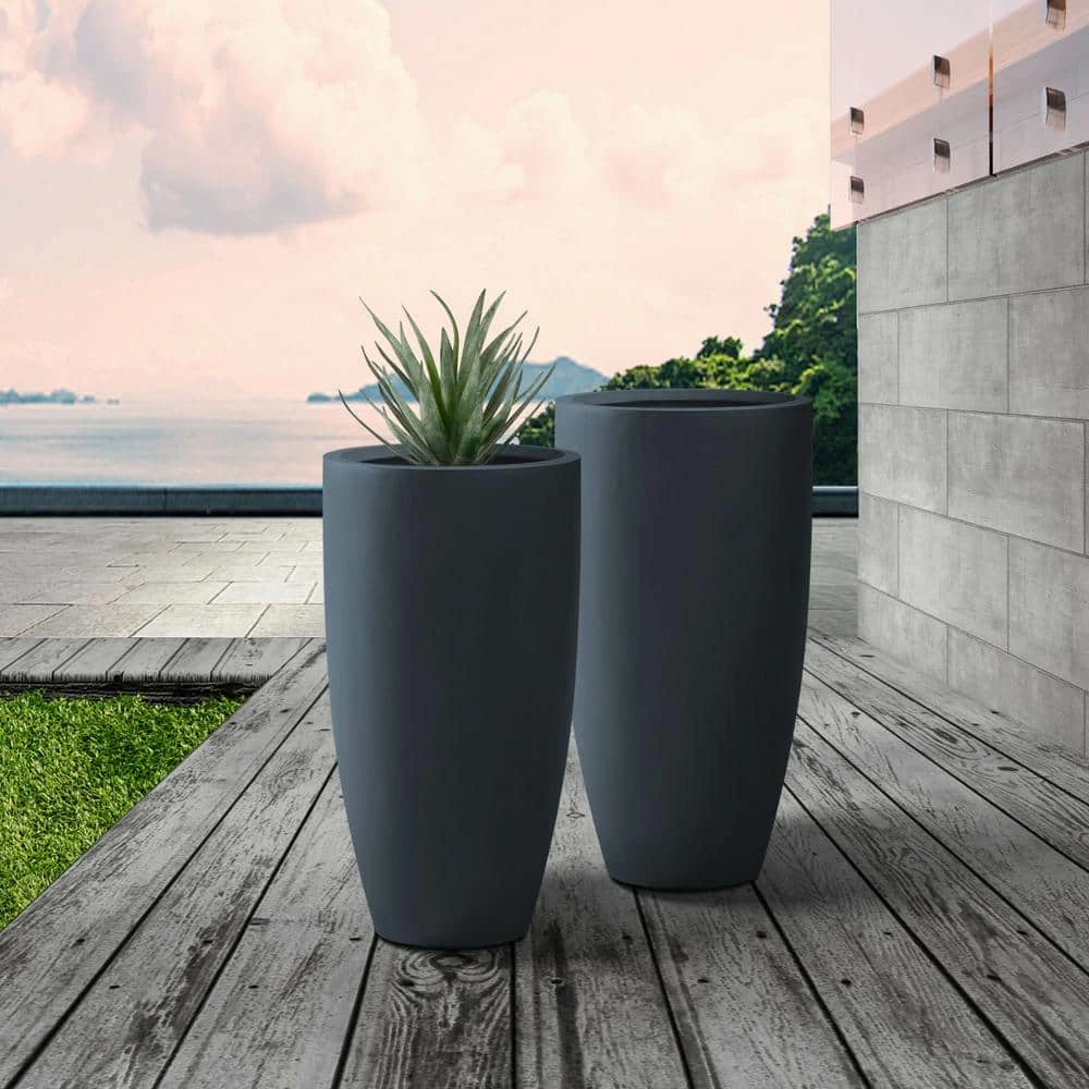KANTE 13.39 in. x 23.62 in. Round Charcoal Finish Lightweight Concrete and Fiberglass Planters with Drainage Holes (Set of 2) - Image 2