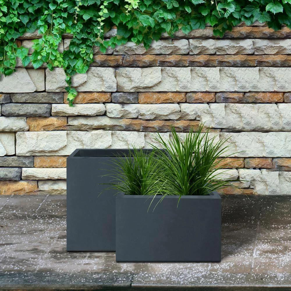 KANTE 23.6" and 19.4"L Rectangular Charcoal Finish Lightweight Concrete Long Planter w/ Drainage Hole Set of 2 Outdoor/Indoor - Image 7