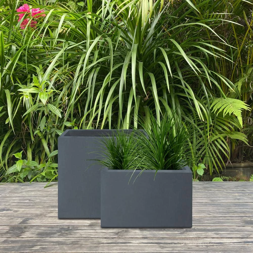KANTE 23.6" and 19.4"L Rectangular Charcoal Finish Lightweight Concrete Long Planter w/ Drainage Hole Set of 2 Outdoor/Indoor - Image 6