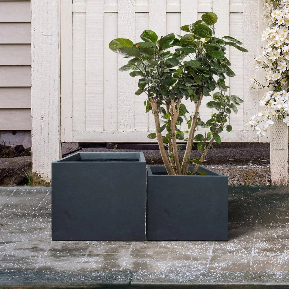 KANTE 17.3 in. W Square Charcoal Lightweight Concrete and Fiberglass Planters with Drainage Holes (Set of 2) - Image 4