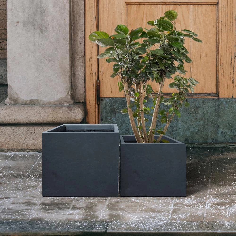 KANTE 17.3 in. W Square Charcoal Lightweight Concrete and Fiberglass Planters with Drainage Holes (Set of 2) - Image 5
