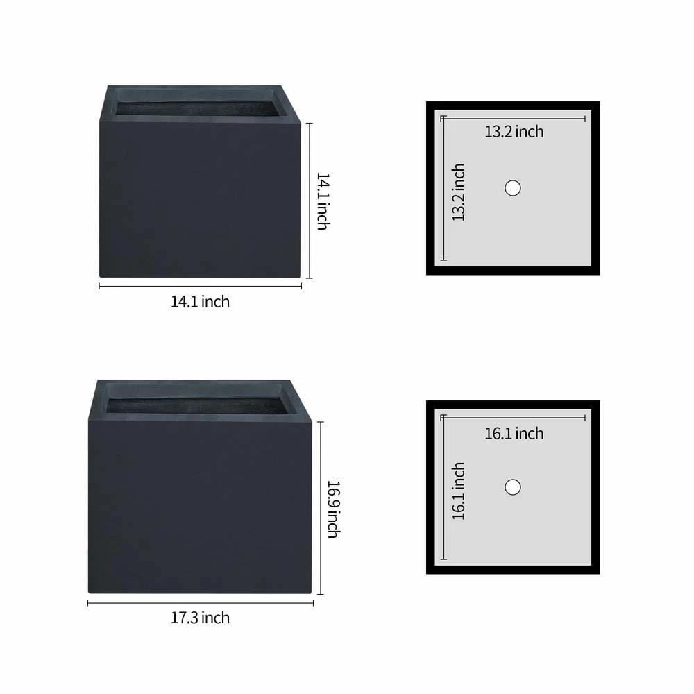 KANTE 17.3 in. W Square Charcoal Lightweight Concrete and Fiberglass Planters with Drainage Holes (Set of 2) - Image 2