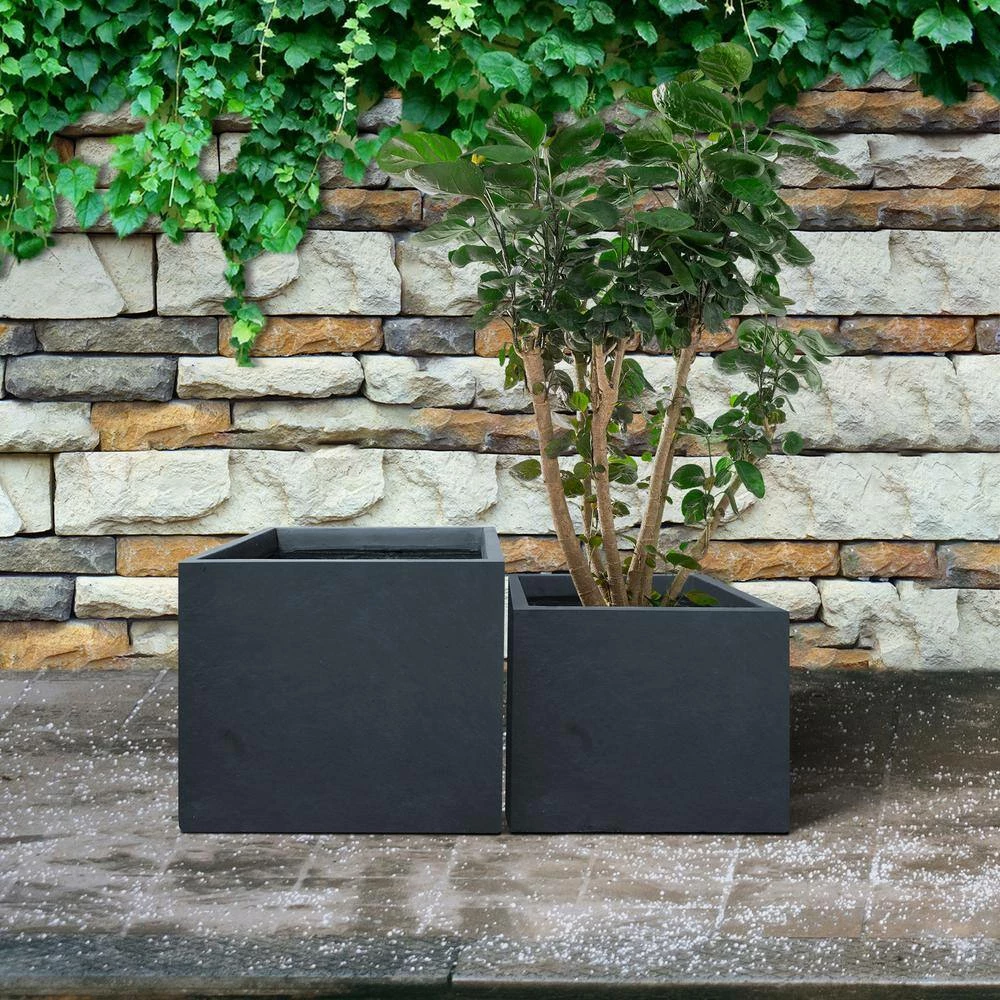 KANTE 17.3 in. W Square Charcoal Lightweight Concrete and Fiberglass Planters with Drainage Holes (Set of 2) - Image 6