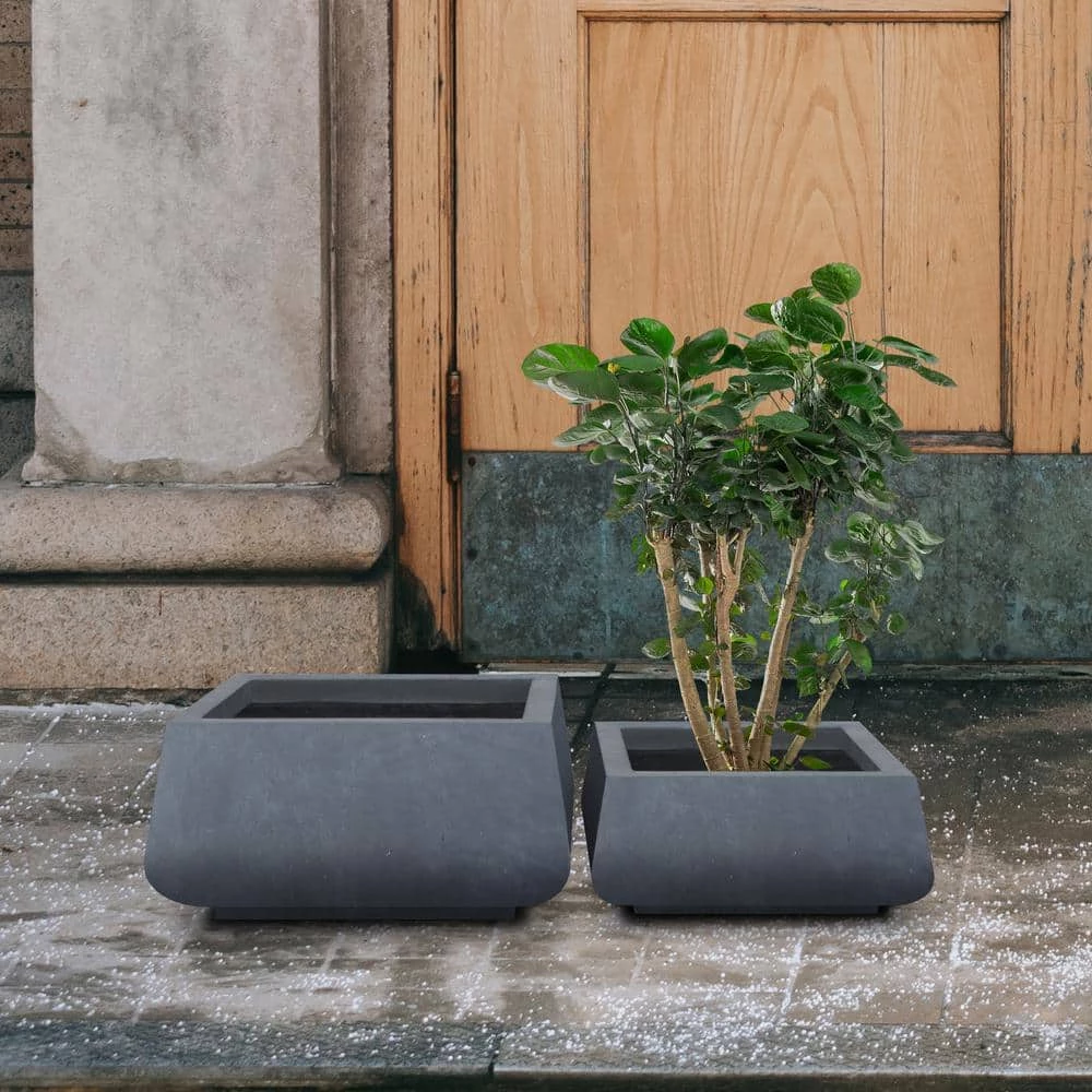 KANTE 21.2 in. and 16.1 in. W Square Charcoal Finish Lightweight Concrete/Fiberglass Planters with Drainage Holes (Set of 2) - Image 4