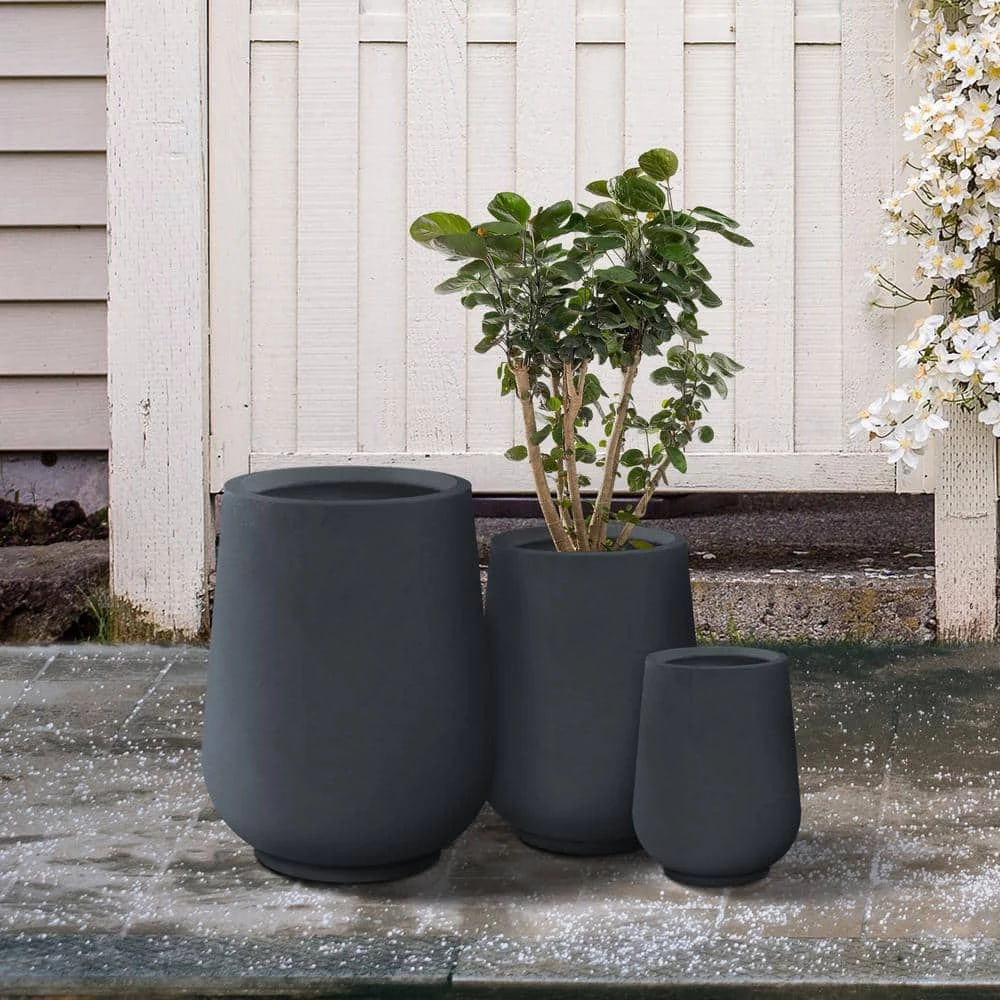 KANTE 26.5 in., 20 in. & 13.1 in. H Round Charcoal Concrete Tall Planters (Set of 3), Outdoor Indoor Large with Drainage Holes - Image 2