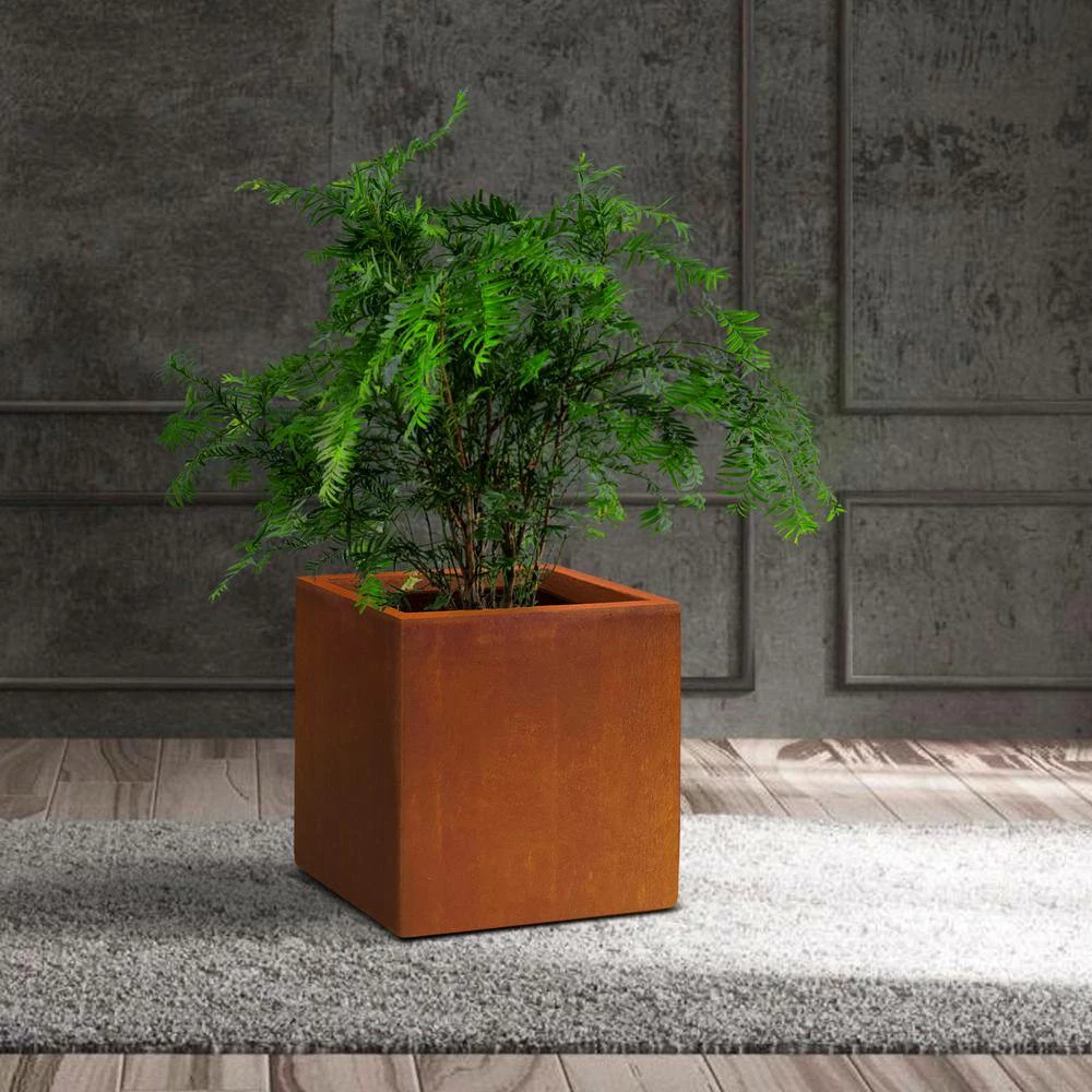 KANTE 16in.H Square Faux Weathering Steel Finish Lightweight Concrete Durable Elegant Planter w/Drainage Hole, Home and Garden - Image 8