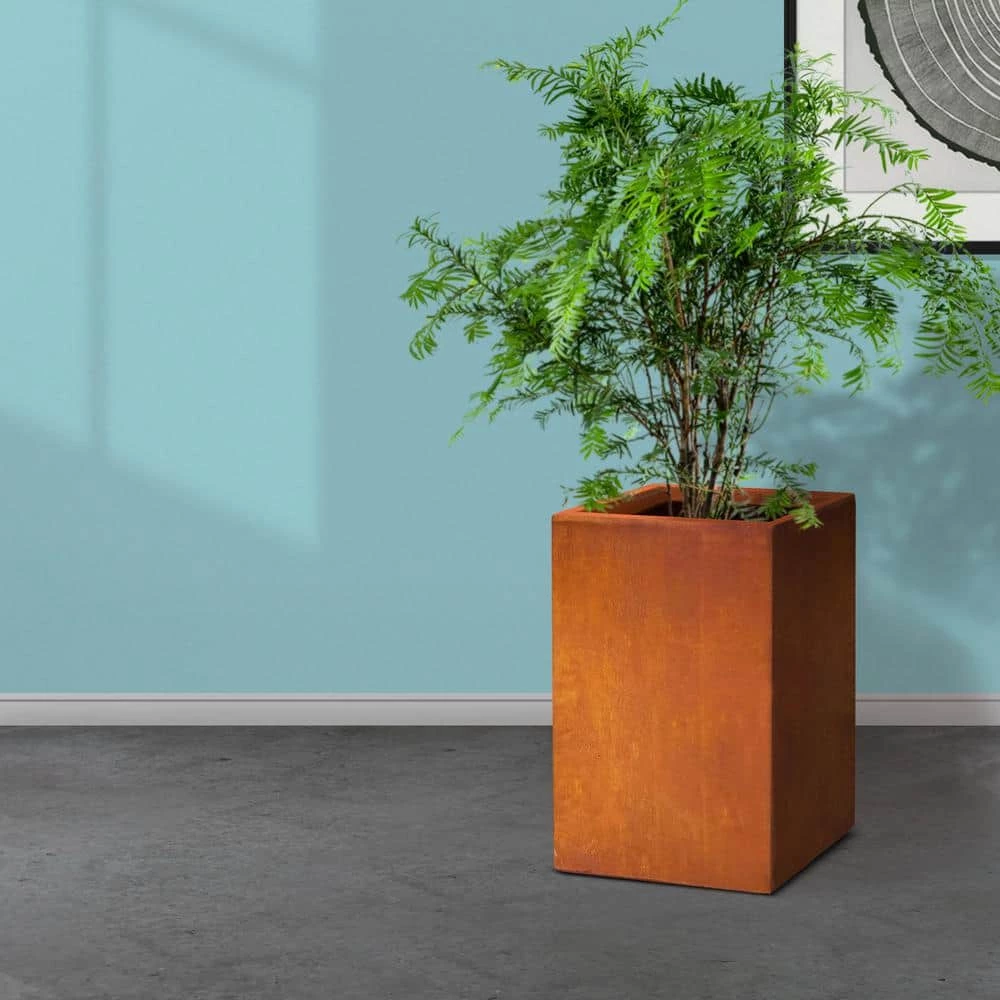 KANTE 16 in. H Faux Weathering Steel Finish Concrete Square, Modern Outdoor/Indoor Lightweight Planter Pot with Drainage Hole - Image 5