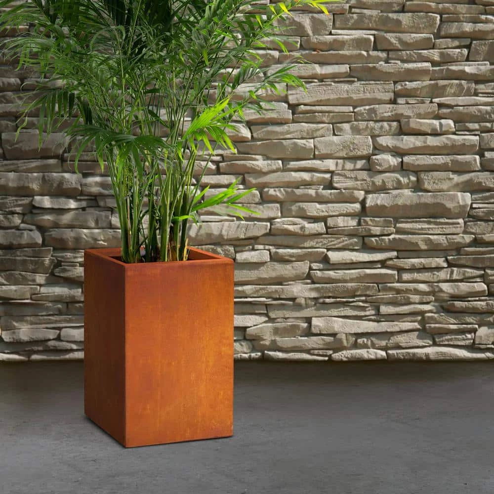 KANTE 16 in. H Faux Weathering Steel Finish Concrete Square, Modern Outdoor/Indoor Lightweight Planter Pot with Drainage Hole - Image 6