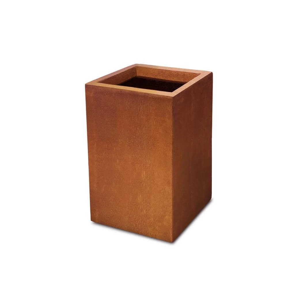 KANTE 16 in. H Faux Weathering Steel Finish Concrete Square, Modern Outdoor/Indoor Lightweight Planter Pot with Drainage Hole