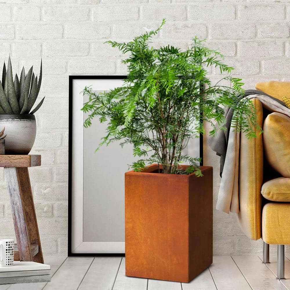 KANTE 16 in. H Faux Weathering Steel Finish Concrete Square, Modern Outdoor/Indoor Lightweight Planter Pot with Drainage Hole - Image 8