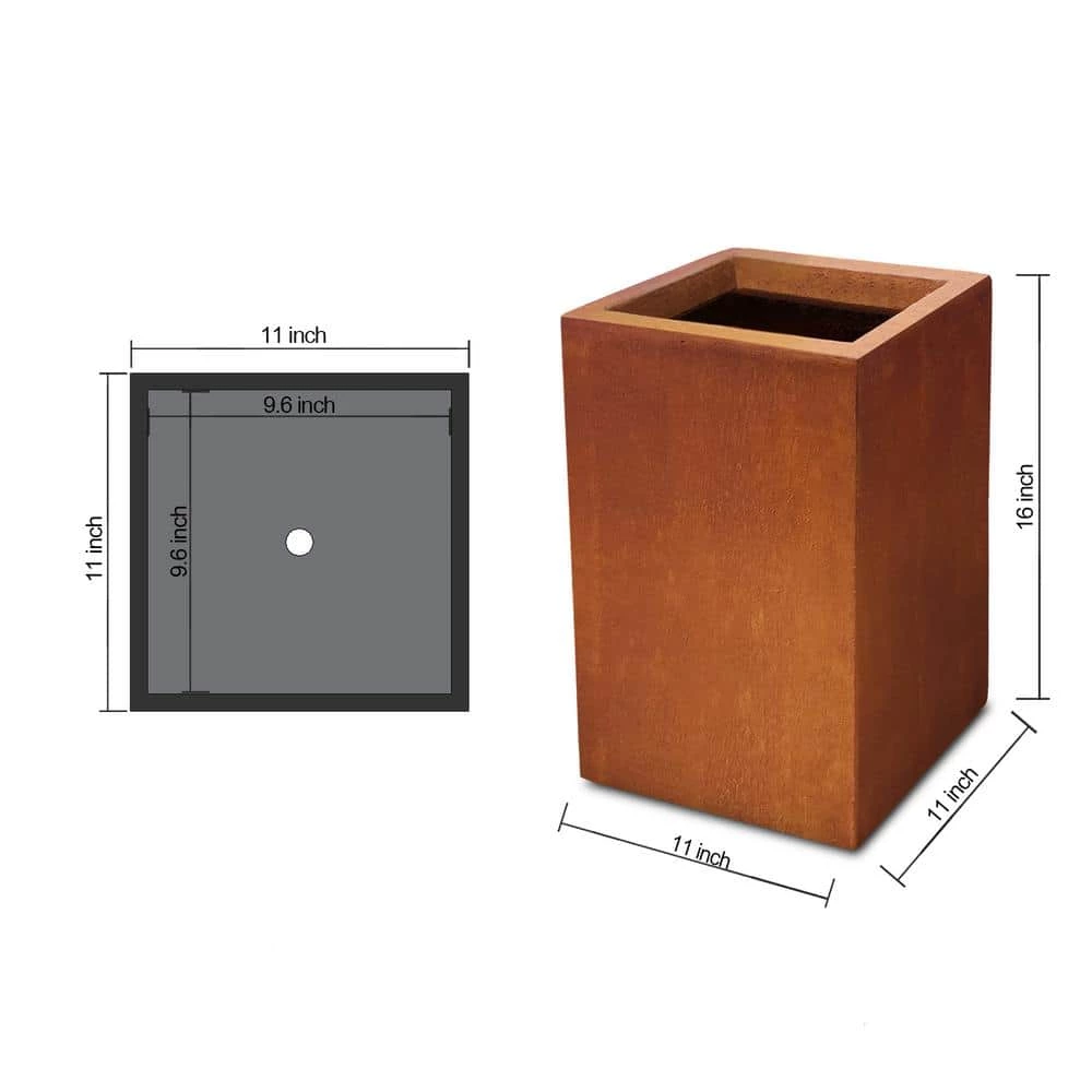 KANTE 16 in. H Faux Weathering Steel Finish Concrete Square, Modern Outdoor/Indoor Lightweight Planter Pot with Drainage Hole - Image 3