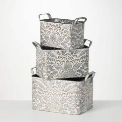 SULLIVANS 9.5 in., 8.5 in. and 7.5 in. Gray Metal Flourish Planter with Handles - (Set of 3)
