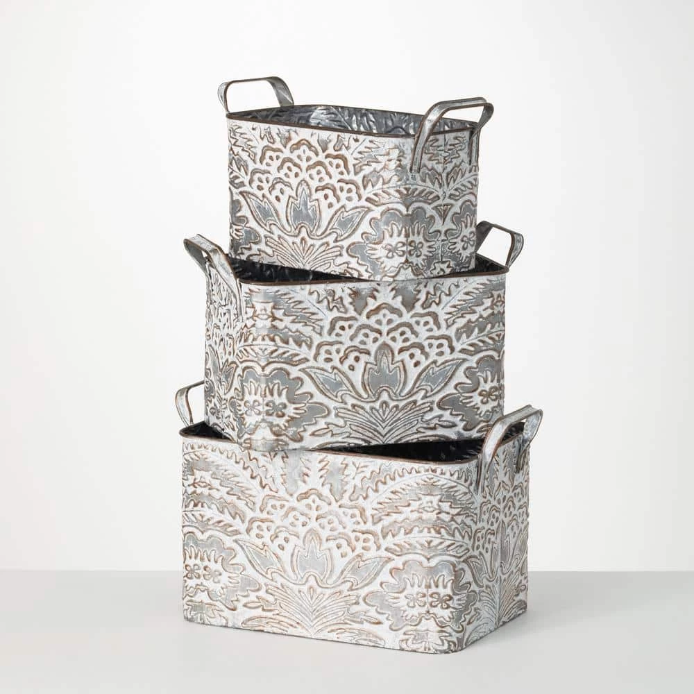SULLIVANS 9.5 in., 8.5 in. and 7.5 in. Gray Metal Flourish Planter with Handles - (Set of 3)