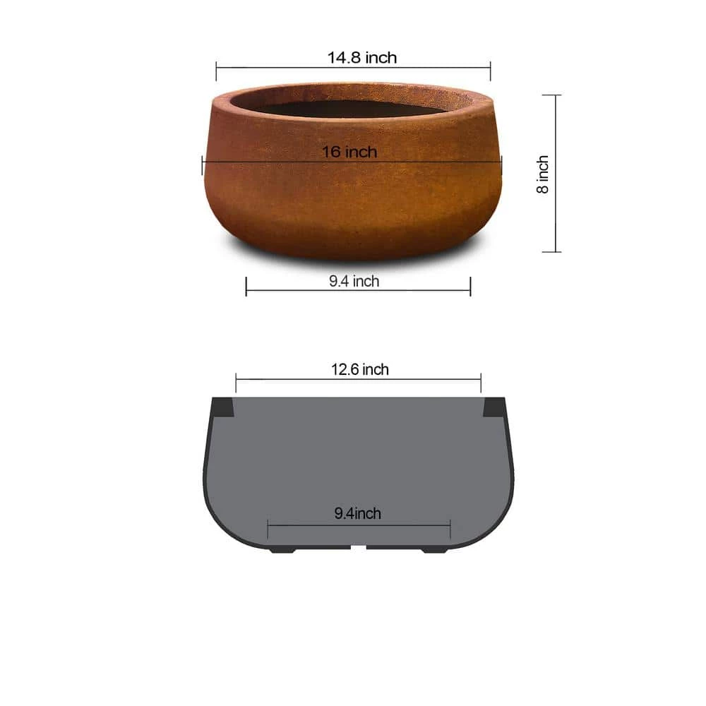 KANTE 16 in. Dia. Round Iron Oxide Concrete Bowl Planter, Outdoor Indoor Large Planter Pot with Drainage Hole - Image 3