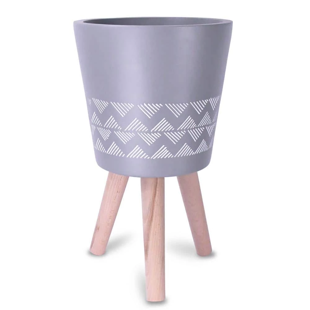 KANTE 17.4 in. Tall Light Gray Lightweight Concrete Classic Outdoor/Indoor Cylindrical Planter with 3 Wooden Legs