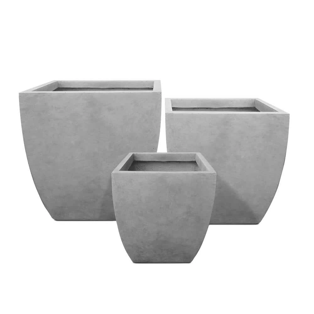 KANTE Square Natural Finish Lightweight Concrete & Weather Resistant Fiberglass Planters with Drainage Holes (Set of 3)
