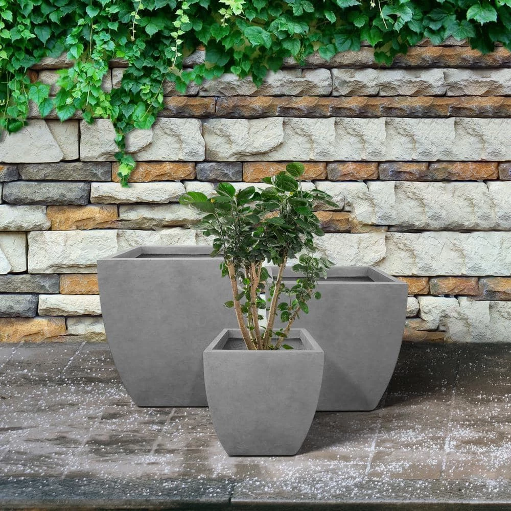 KANTE Square Natural Finish Lightweight Concrete & Weather Resistant Fiberglass Planters with Drainage Holes (Set of 3) - Image 2