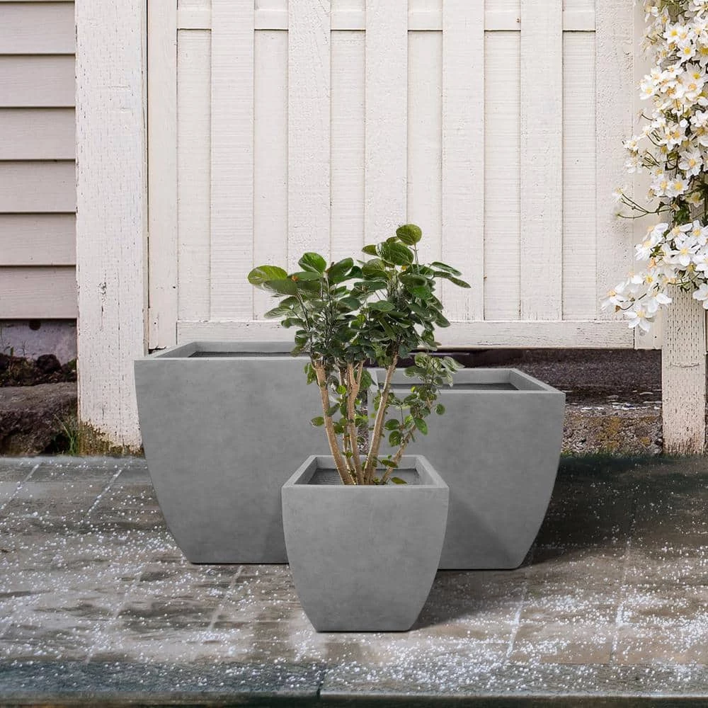 KANTE Square Natural Finish Lightweight Concrete & Weather Resistant Fiberglass Planters with Drainage Holes (Set of 3) - Image 8