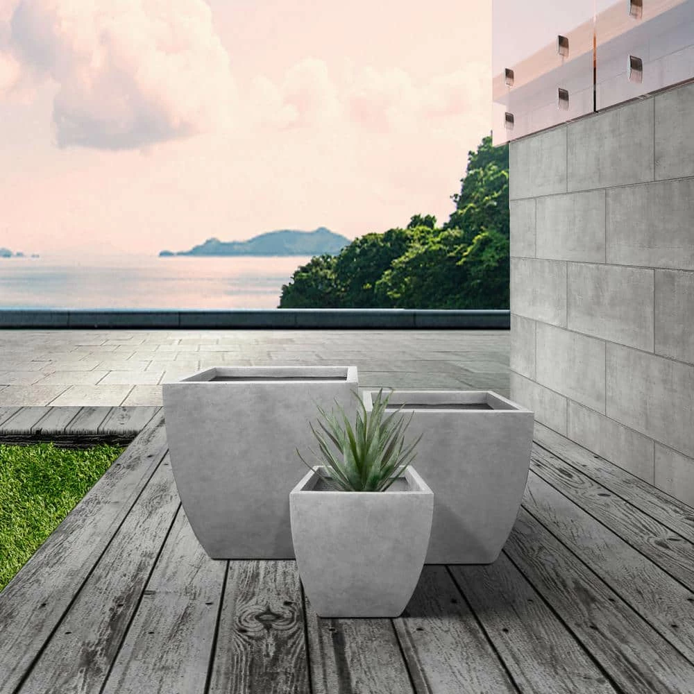 KANTE Square Natural Finish Lightweight Concrete & Weather Resistant Fiberglass Planters with Drainage Holes (Set of 3) - Image 3