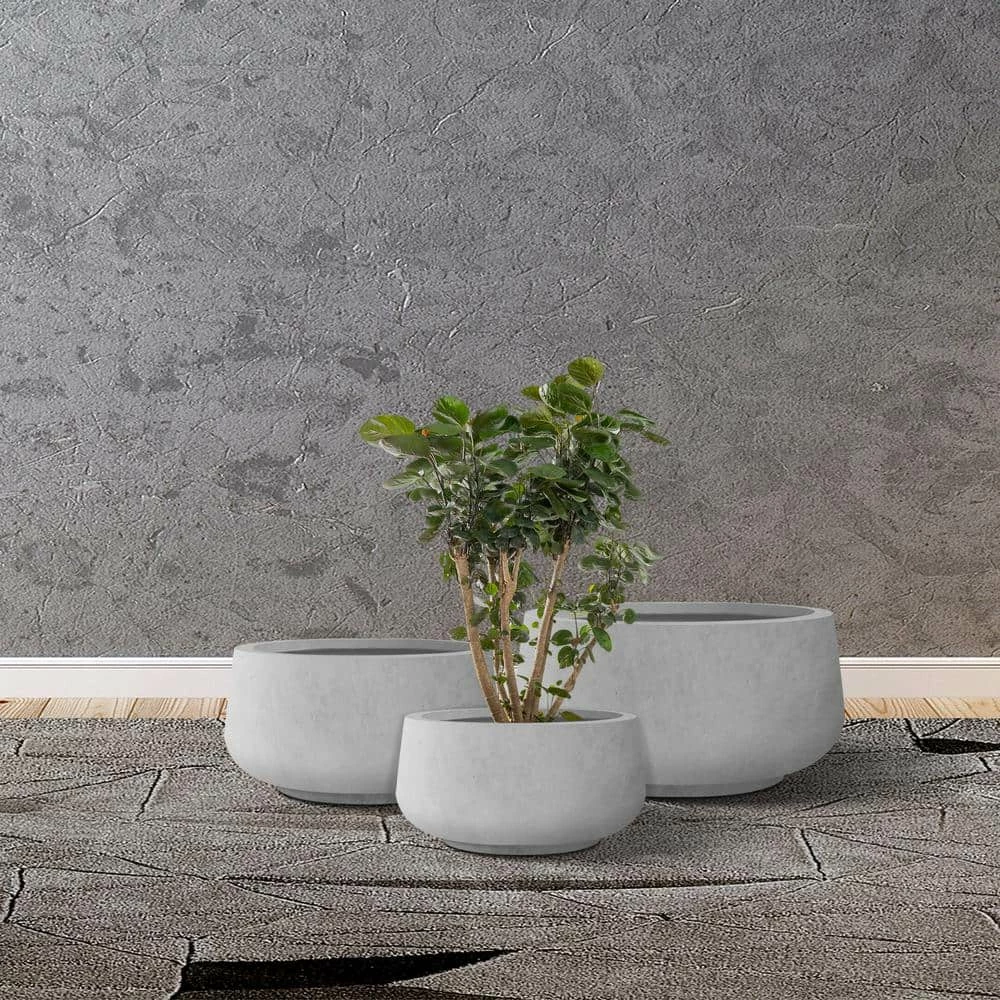 KANTE 21.6", 16.9", and 12.5"W Round Natural Concrete Elegant Planters, Set of 3 Outdoor Indoor Seamless w/ Drainage Hole - Image 6
