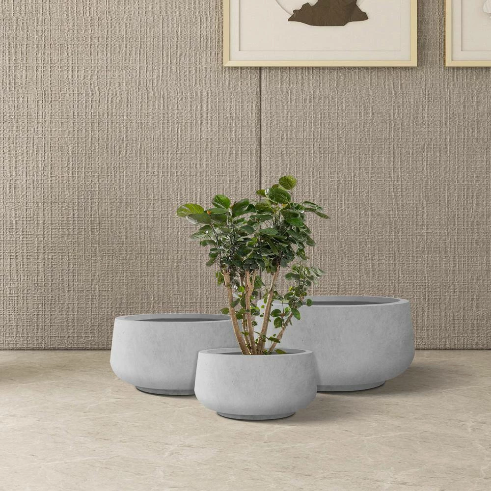 KANTE 21.6", 16.9", and 12.5"W Round Natural Concrete Elegant Planters, Set of 3 Outdoor Indoor Seamless w/ Drainage Hole - Image 4