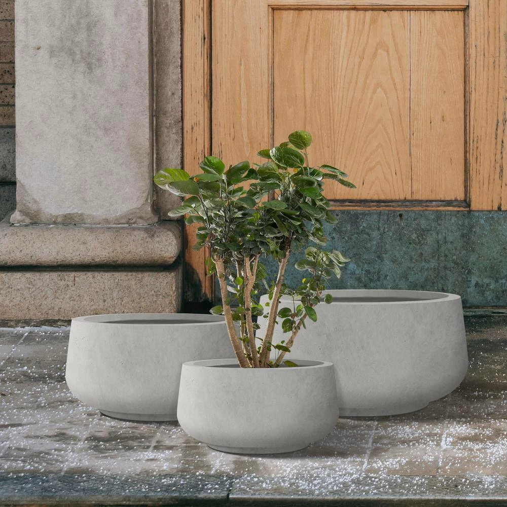 KANTE 21.6", 16.9", and 12.5"W Round Natural Concrete Elegant Planters, Set of 3 Outdoor Indoor Seamless w/ Drainage Hole - Image 2