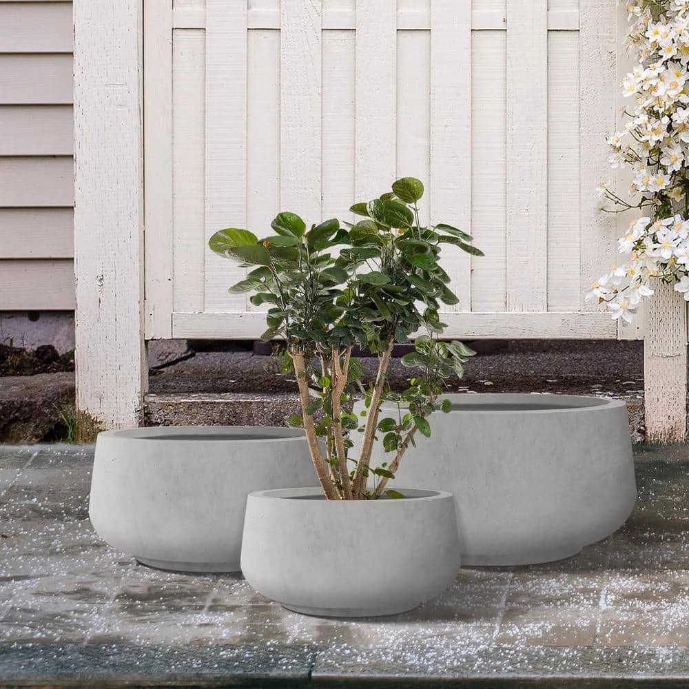 KANTE 21.6", 16.9", and 12.5"W Round Natural Concrete Elegant Planters, Set of 3 Outdoor Indoor Seamless w/ Drainage Hole - Image 8