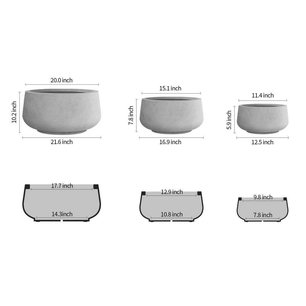 KANTE 21.6", 16.9", and 12.5"W Round Natural Concrete Elegant Planters, Set of 3 Outdoor Indoor Seamless w/ Drainage Hole - Image 3