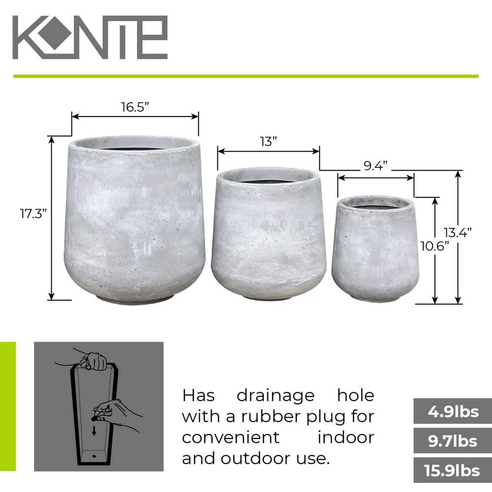 KANTE 17.3 in. Tall Natural Lightweight Concrete Footed Tulip Outdoor Round Planter (Set of 3) - Image 5