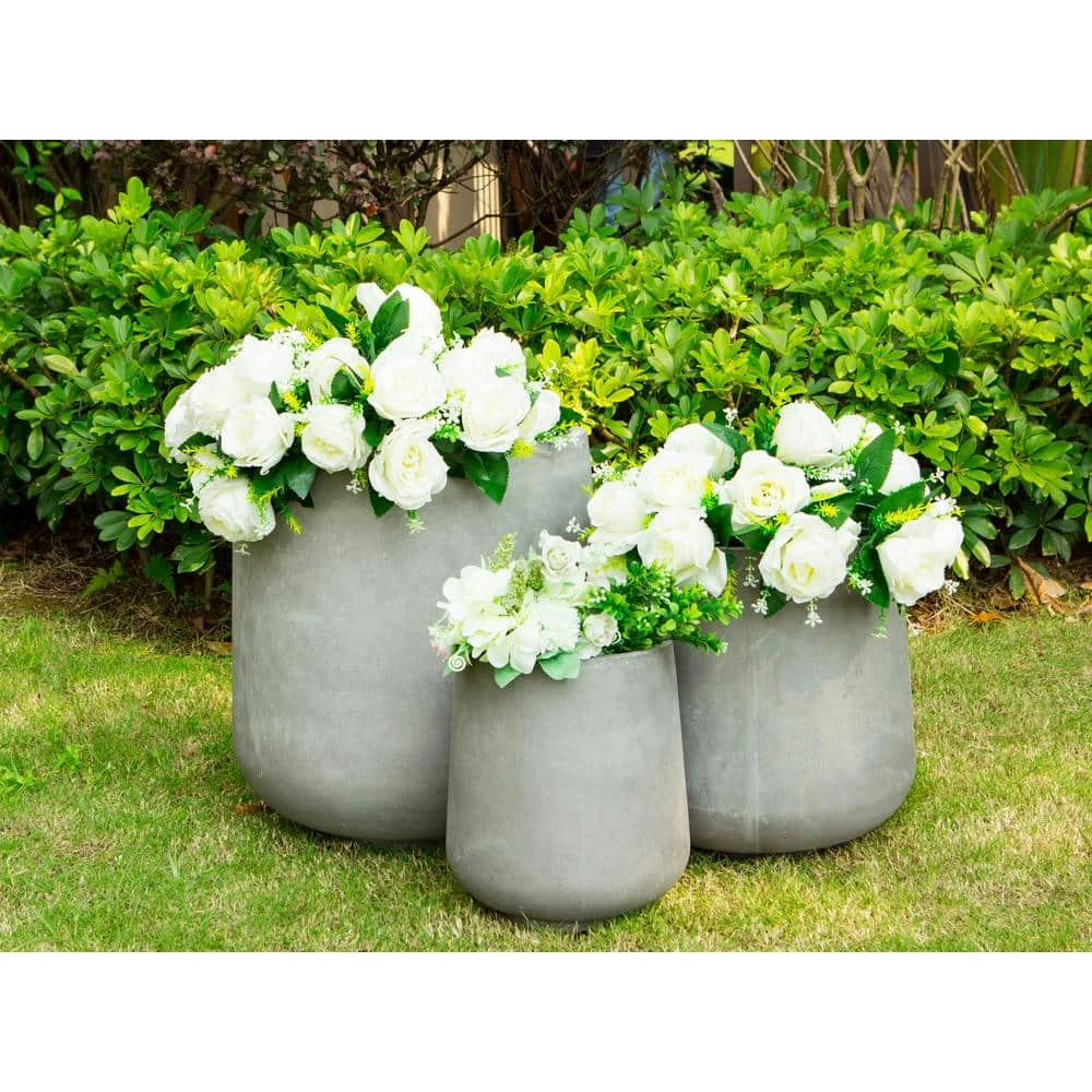 KANTE 17.3 in. Tall Natural Lightweight Concrete Footed Tulip Outdoor Round Planter (Set of 3) - Image 2