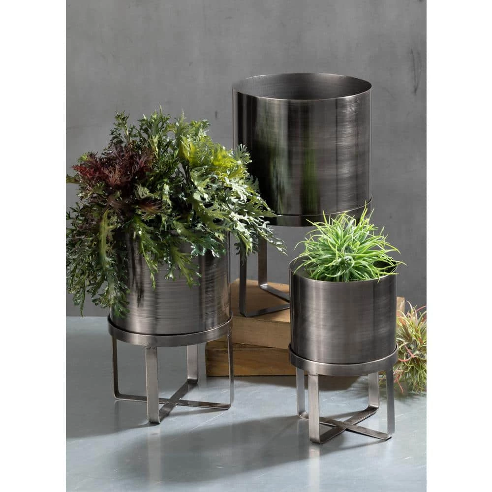 SULLIVANS Pewter Metal Planter With Stand (Set of 3) - Image 3