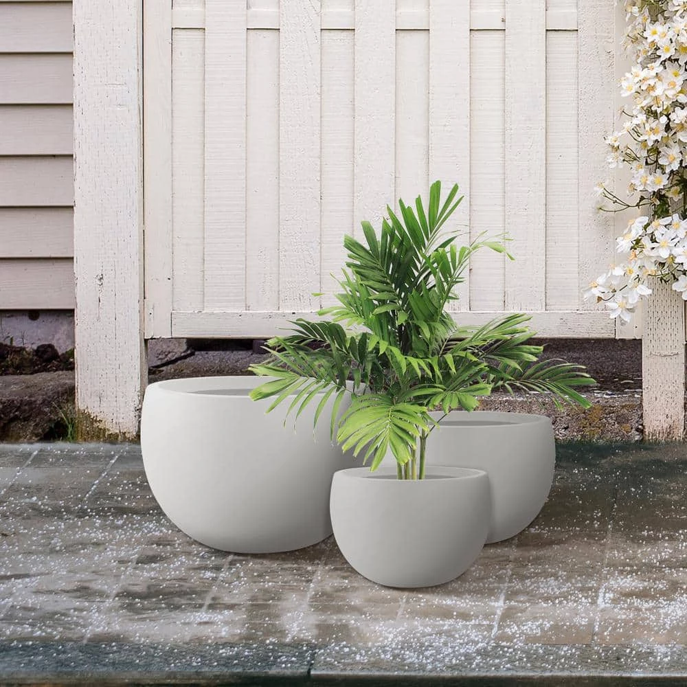 KANTE 20 in., 16 in. and 12 in. W Pure White Concrete Round Elegant Planters (Set of 3), Outdoor Indoor Modern Planter Pots - Image 6