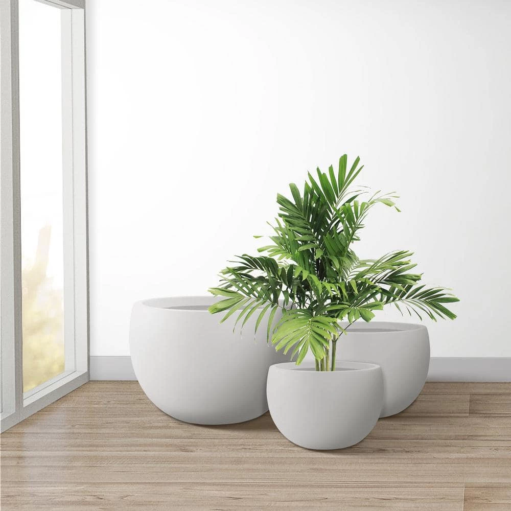 KANTE 20 in., 16 in. and 12 in. W Pure White Concrete Round Elegant Planters (Set of 3), Outdoor Indoor Modern Planter Pots - Image 8