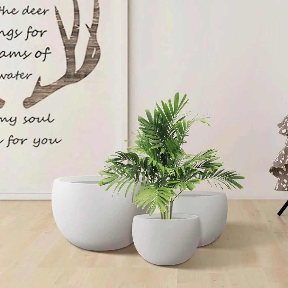 KANTE 20 in., 16 in. and 12 in. W Pure White Concrete Round Elegant Planters (Set of 3), Outdoor Indoor Modern Planter Pots - Image 3