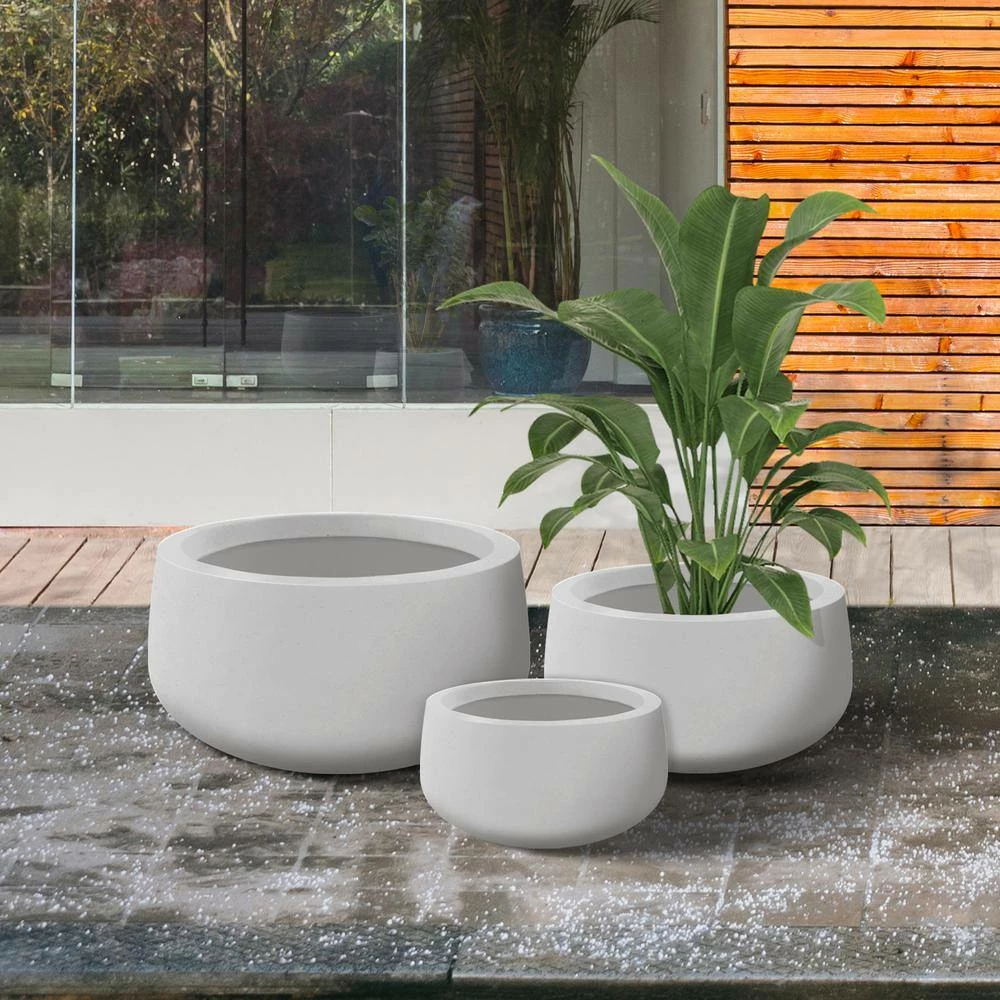 KANTE 19.6 in., 15.7 in. & 11.8 in. W Round Pure White Concrete Elegant Planters Set of 3, Outdoor Indoor w/Drainage Holes - Image 2