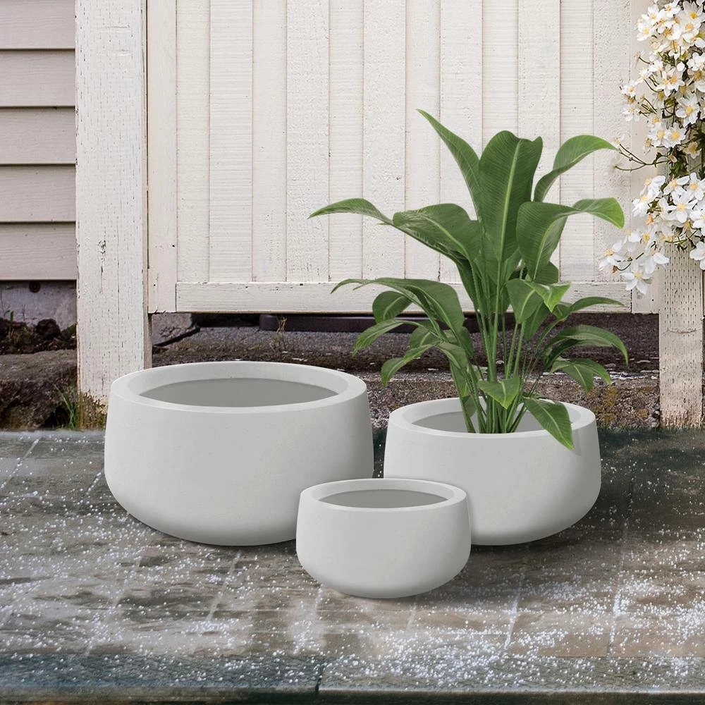 KANTE 19.6 in., 15.7 in. & 11.8 in. W Round Pure White Concrete Elegant Planters Set of 3, Outdoor Indoor w/Drainage Holes - Image 7