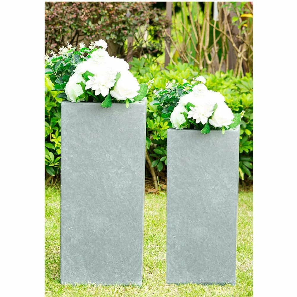 KANTE 28 in. and 24 in. H Square Slate Gray Concrete/Fiberglass Indoor Outdoor Modern Seamless Tall Planters (Set of 2)
