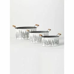 SULLIVANS White Metal Tree Planters with Handles (Set of 3)
